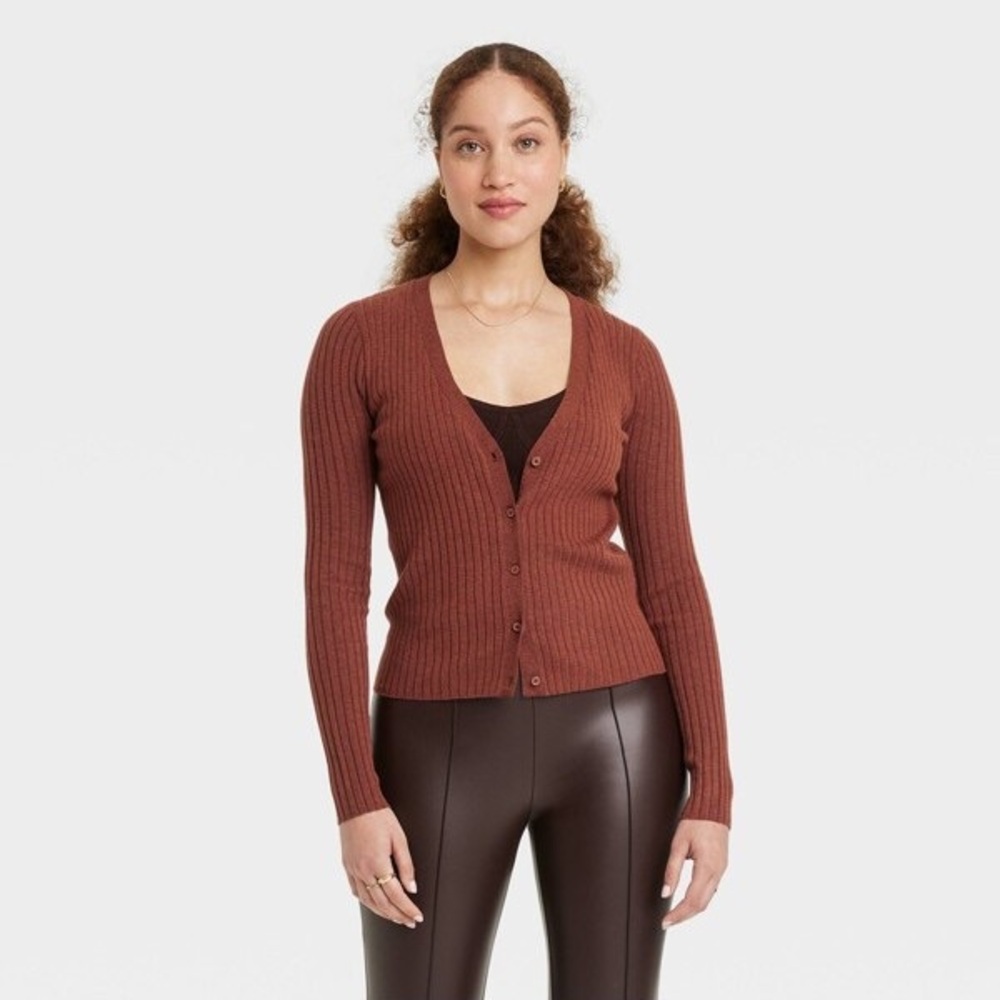 Women's Button-Front Fine Gauge Ribbed Cardigan Brown - A New Day size L